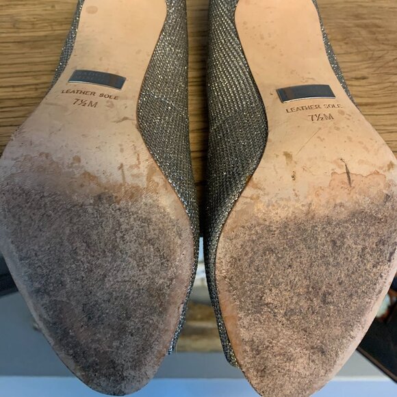 Badgley Mischka Peep Toe Gold Glitter Heels - Picture 6 of 7